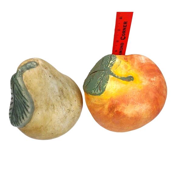 Chalked Ceramic Fruit Pair Apple and Pear Leaf Shelf Decor 6.5" Farmhouse - Picture 10 of 11